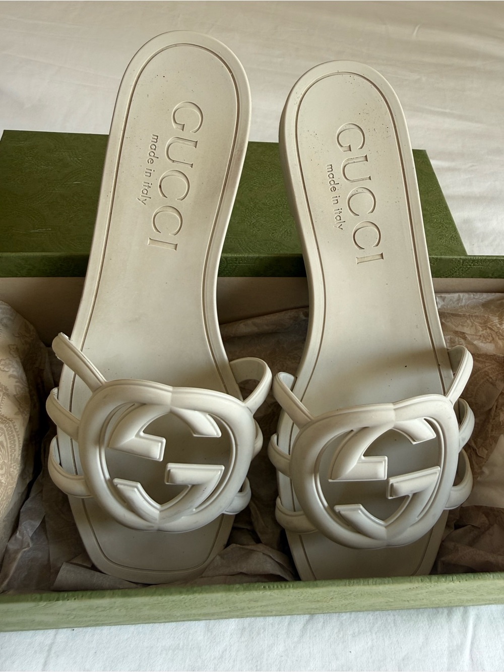 Gucci Cream Interlocking G Slide Mules